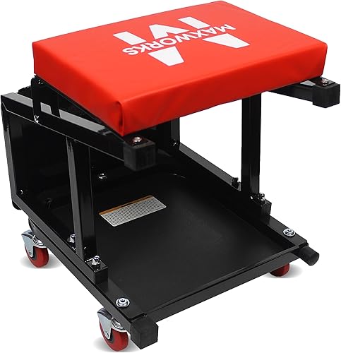 MaxWorks 50880 - Conjunto de asiento y taburete para garaje, asiento de taller con capacidad de 300 libras, taburete mecánico con ruedas