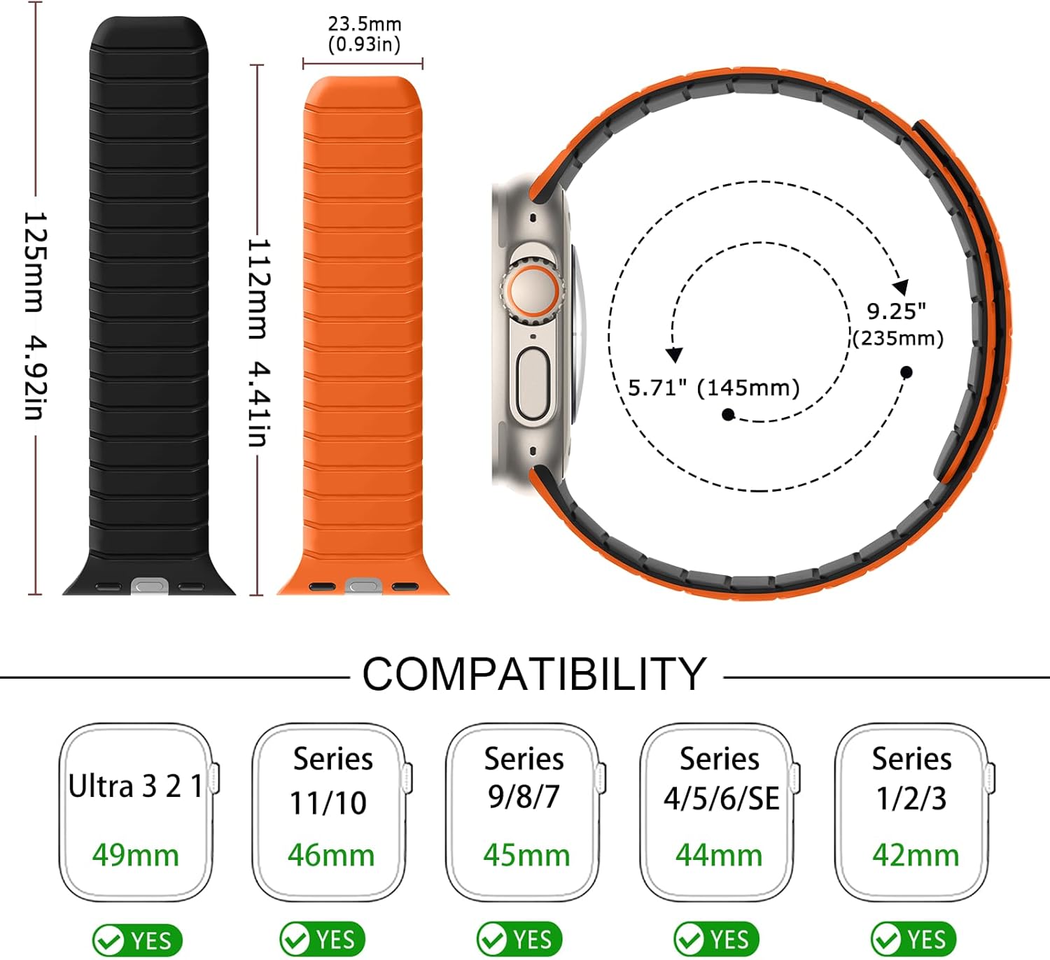 Tasikar Double Sided Wearable Magnetic Band Compatible with Apple Watch 49mm 46mm 45mm 44mm 42mm, Soft Silicone Sport Strap Loop for iWatch Ultra 3 2 1 SE Series 11 10 9 8 7 6 5 4 3 2 1, Black Orange - Image 4