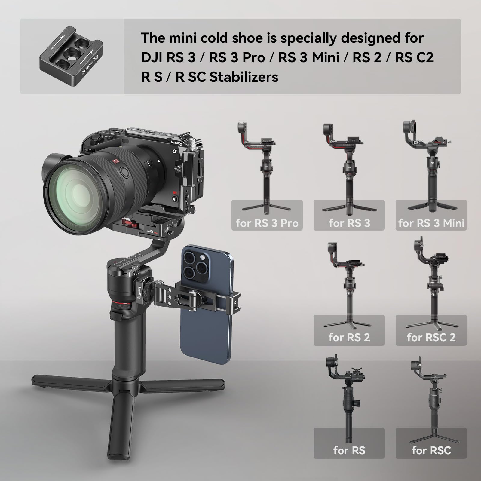 SMALLRIG Support de Téléphone en Métal avec Extra Cold Shoe pour DJI Stabilisateurs, Adaptateur Universel de Téléphone Portable, Joints de Réglage Gratuits, Support de Trépied de Téléphone - 4301