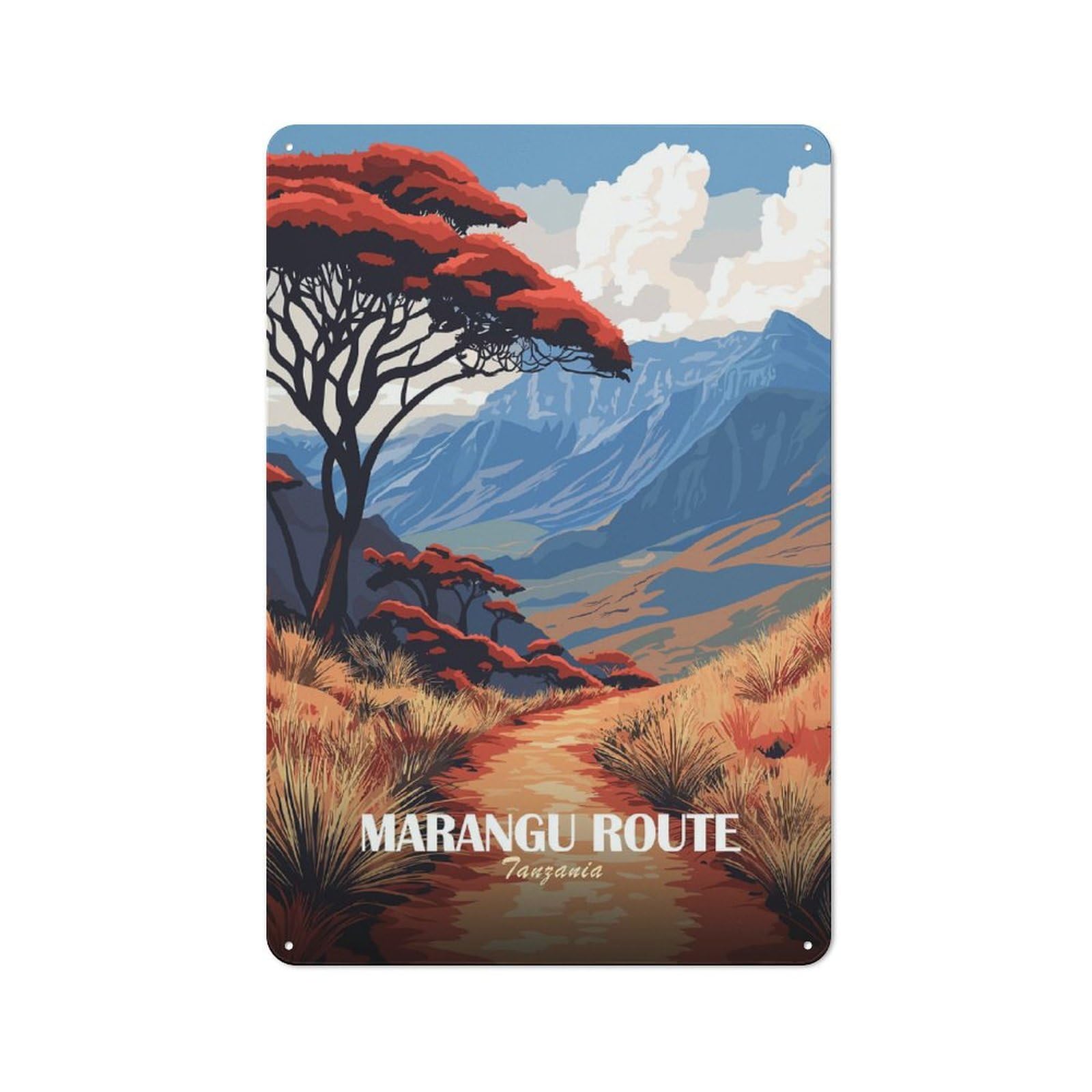 Junmoney Style-6 Retro Metal Plaque 30X20cm Featuring Marangu Route Tanzania Landscape Illustration For Workshop Wall, For Metal Sign Collectors, For Garage And Workshop Walls