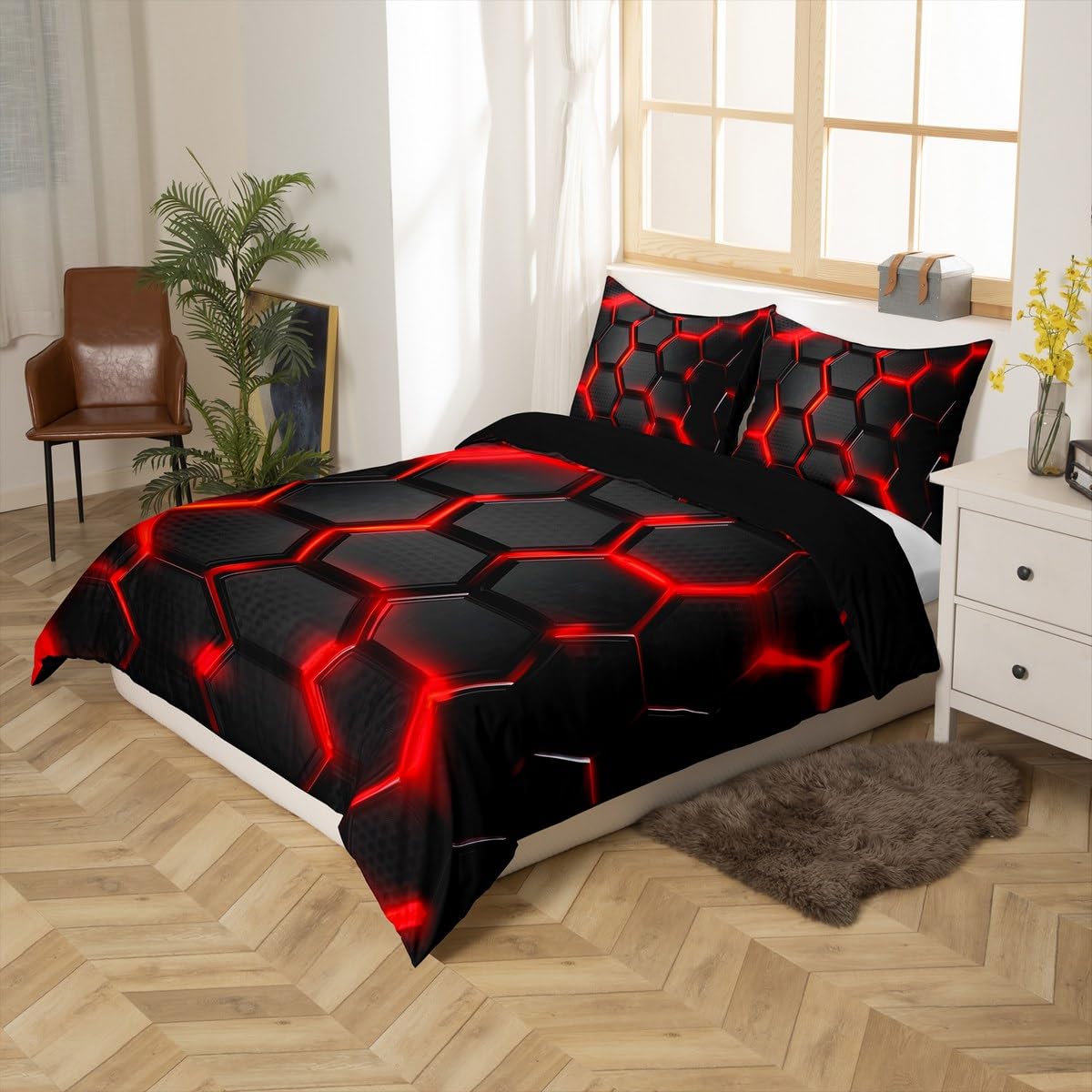 Loussiesd Light Honeycomb Duvet Cover Set Single Size For Kids Boys Teens Men Red Black Geometric Hexagonal Bedding Set Modern Art Comforter Cover with 1 Pillowcase Luxury Beds Set - Image 2
