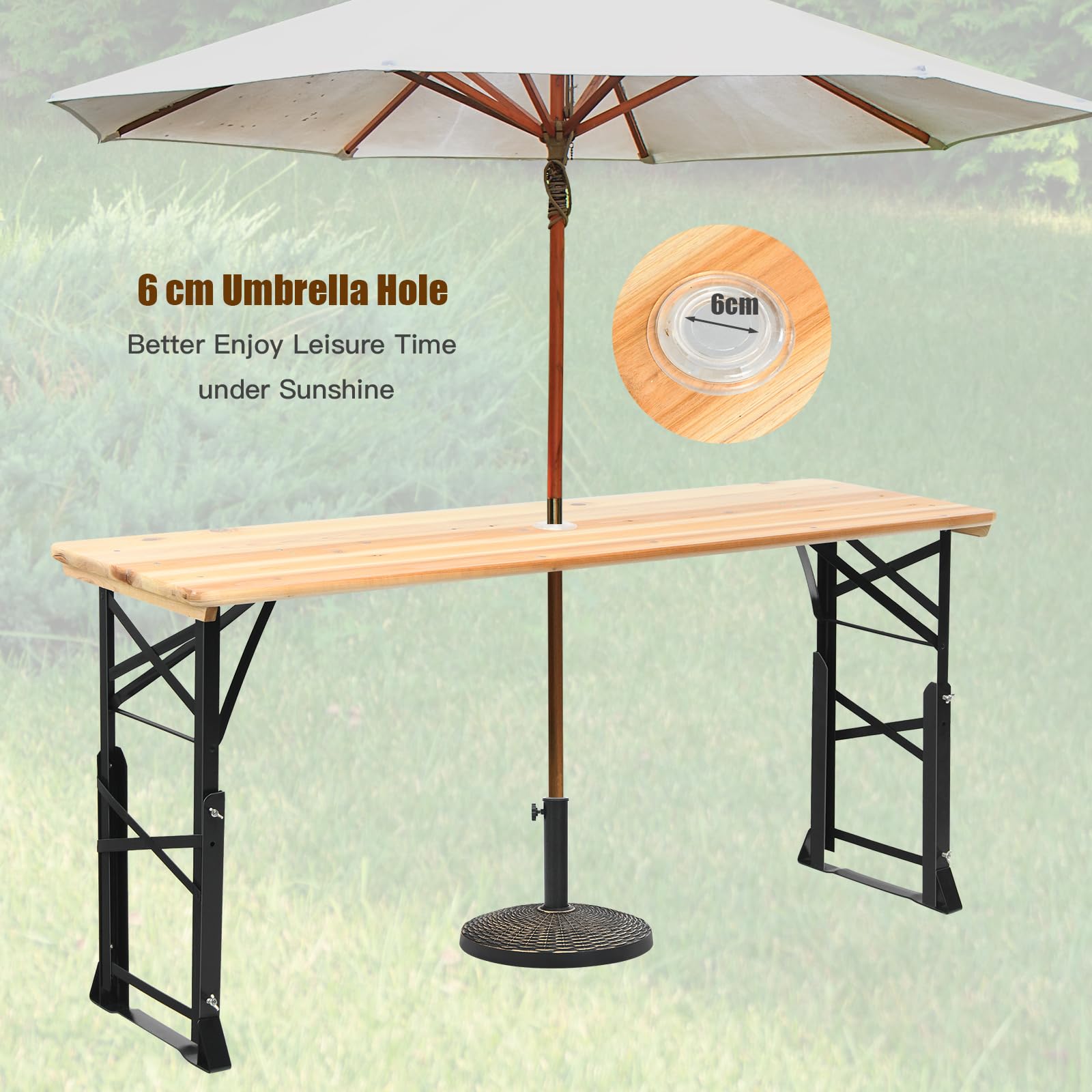 KOMFOTTEU Table à Bière d'Extérieur, réglable en Hauteur (75 cm-105 cm), Table Bar de Jardin Pliante, Table de Pique-Nique avec Trou de Parasol, 168,5 x 50 cm (L x l), narurel & Noir
