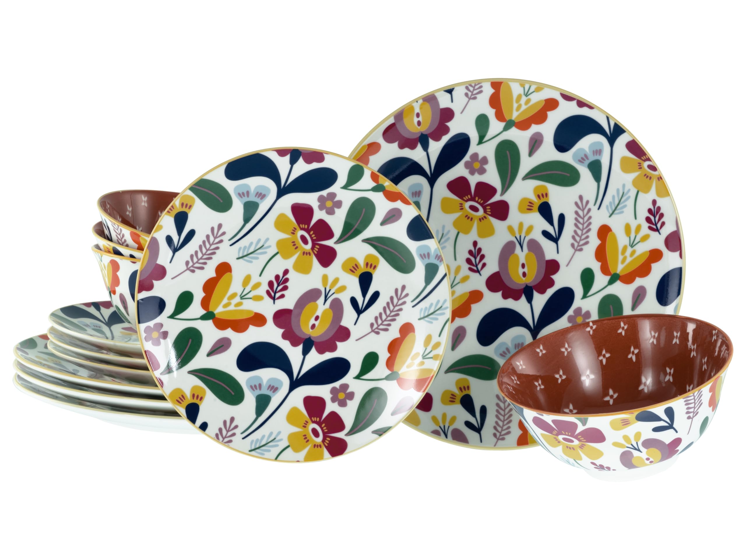 CreaTable, 20829, Serie Folklore, 12-teiliges Geschirrset für 4 Personen, Tafelservice aus Steinzeug, spülmaschinen- und mikrowellengeeignet, Qualitätsproduktion