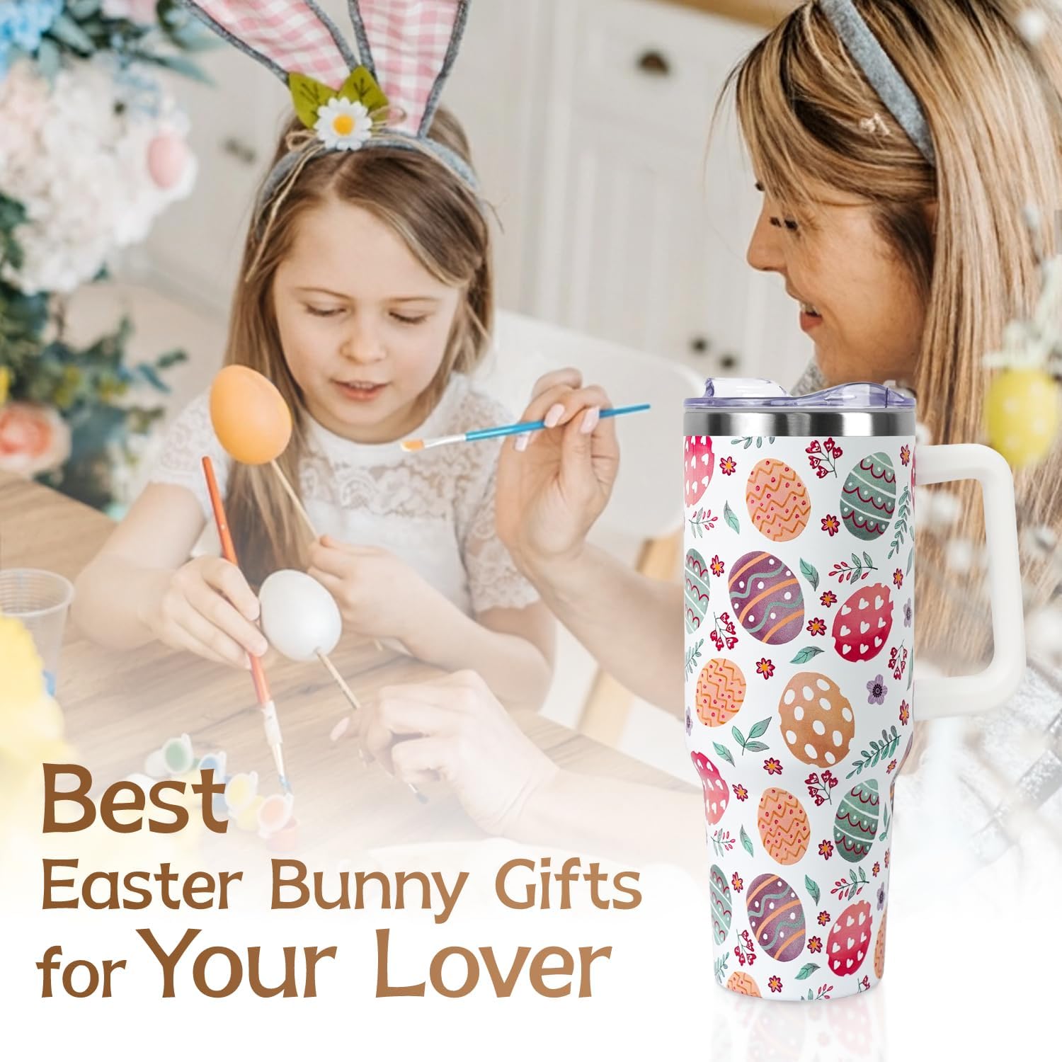 Easter Tumbler with Handle and Straw Lid 40 oz,Cute Easter Spring Gift for Women Men Eggs Floral Vacuum Insulated Leak Proof Stainless Steel Coffee Cup Mug - Image 7
