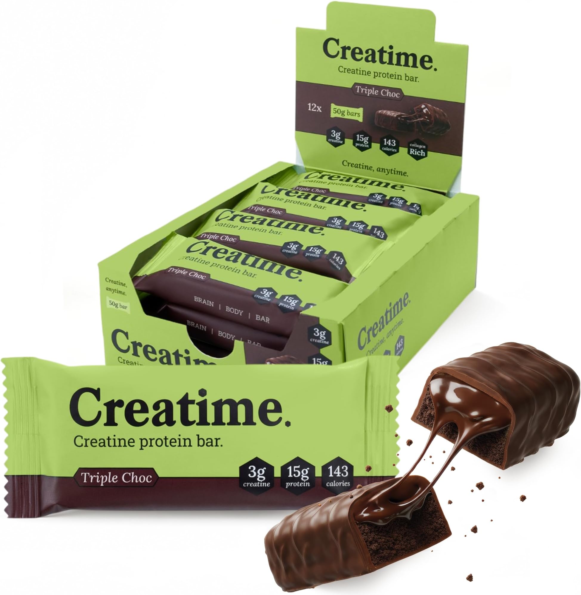 Creatine Protein Bars – High Protein, Low Sugar, Low Carb Snack with Collagen for Strength & Recovery – 15g Protein, 3g Creatine, 143 Calories – 50g x 12 (Triple Choc)