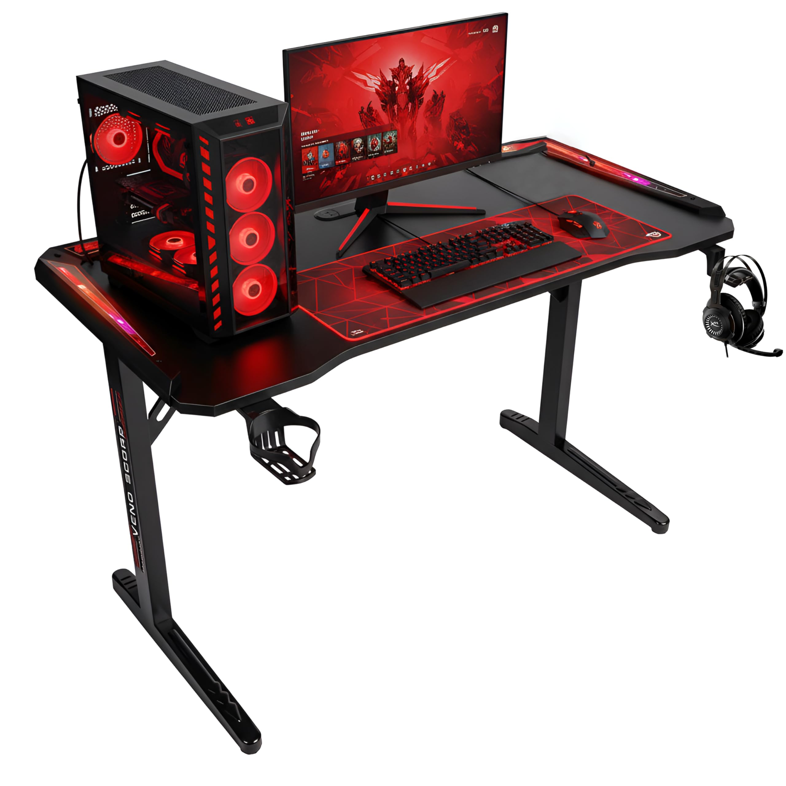 Veno Scorp Gaming Desk with LED Lights, USB, 120 x 60cm RGB Computer Desk T Shape, Gaming Table for Home Office, Black