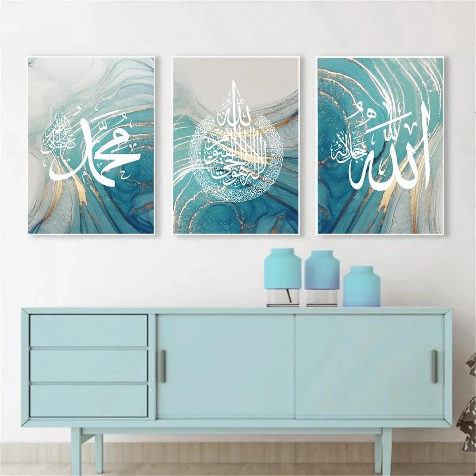 Baibexing Islamic Calligraphy Allahu Akbar Turquoise Gold Line Marble Wall Art Canvas Painting Posters And Prints Pictures Home Decoration 60X80Cmx3Pcs Unframed