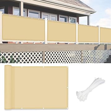 SK Studio Balcony Privacy Screen Fence Cover Waterproof UV Protection Weather Resistant Shade Cloth with Zip Ties for Outdoor Patio Garden Yard, Beige, 3'x10'