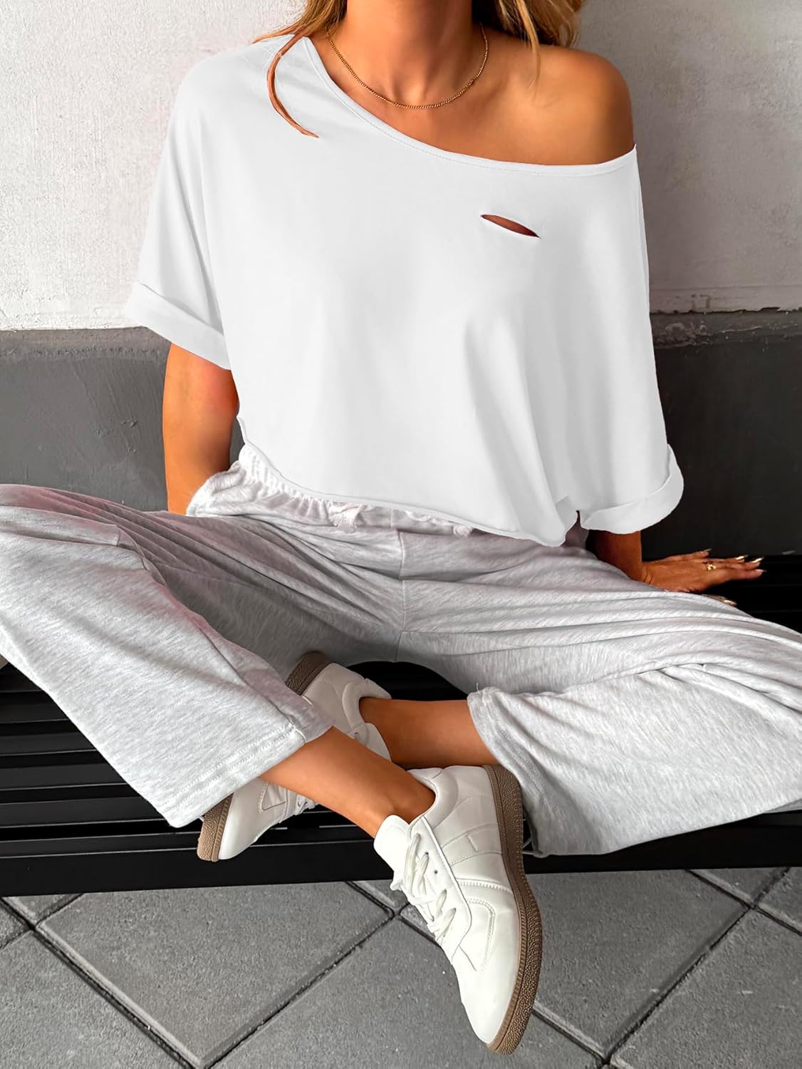 SOFIA'S CHOICE Women Distressed Off Shoulder Crop Top Ripped Loose Short Sleeve T Shirt - Image 5