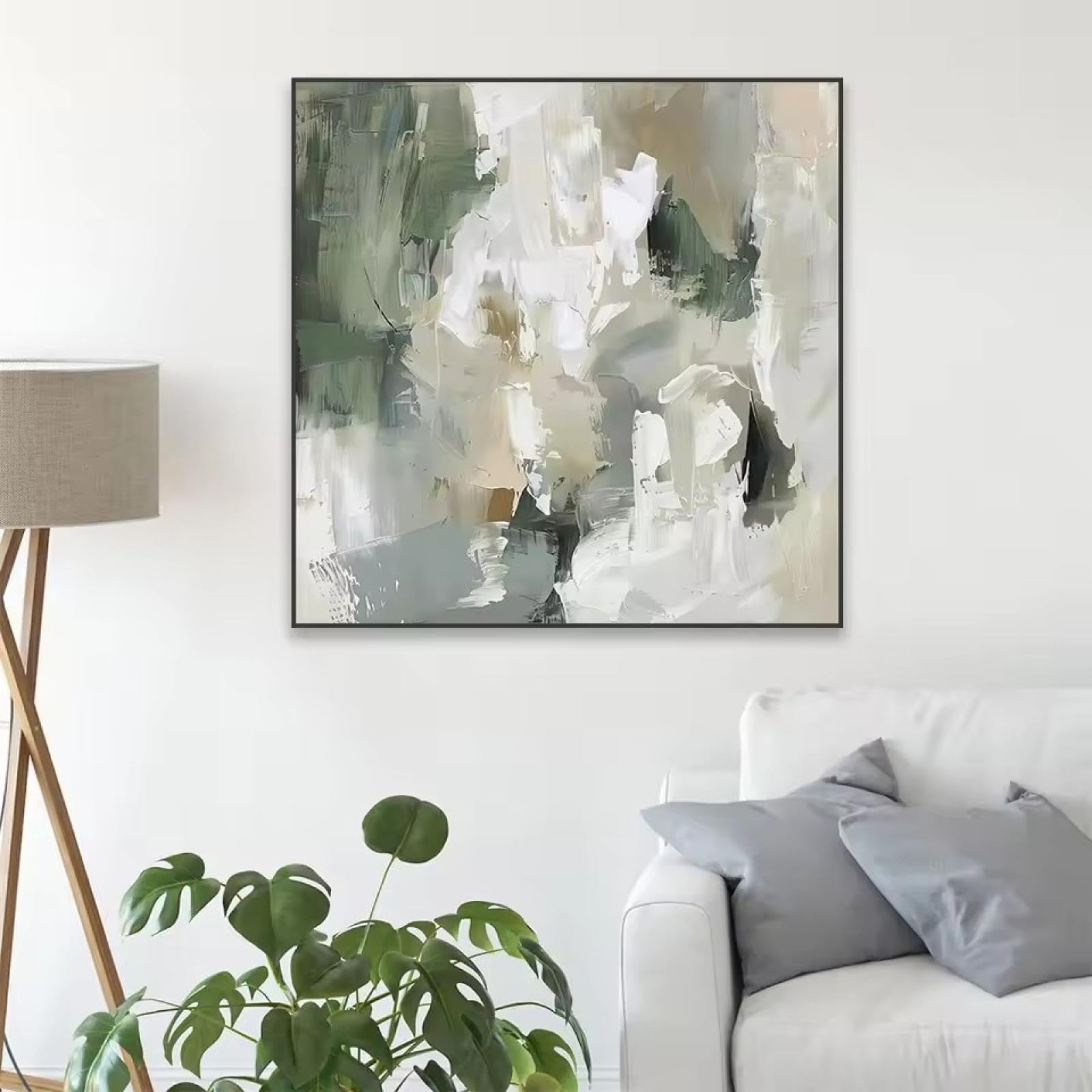 Wall Art Large Abstract Painting Print Neutral Beige Green Abstract Poster Modern Colorful Canvas Painting Home Wall Decor 60x60cm(24x24in) With Frame Ready to hang