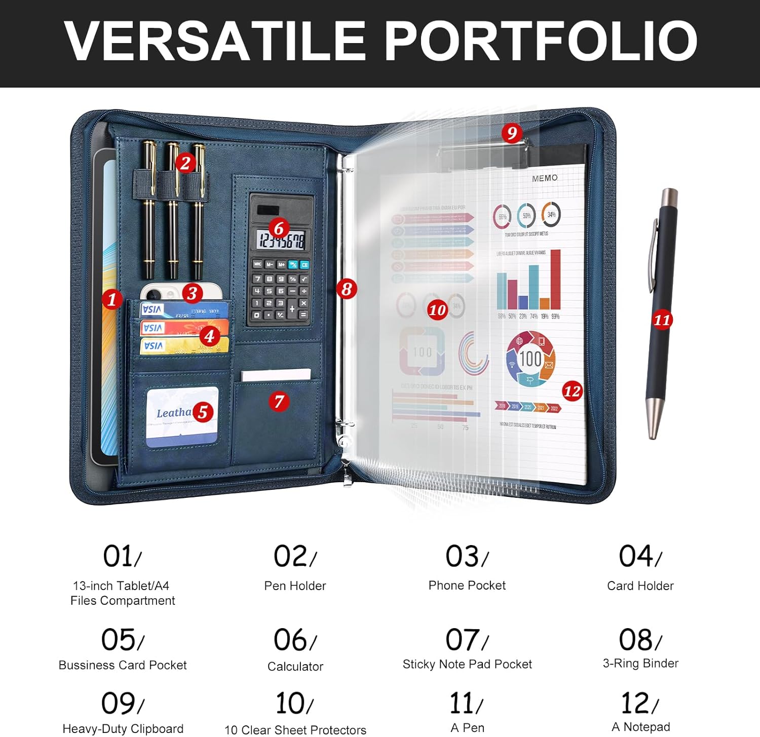 Leathario Portfolio Binder, 3-Ring Folder Organizer, Includes 5 Sheet Protectors and a Pen, Vegan Leather A4 Padfolio for Tablets, Business Conferences Professional Document Organizer