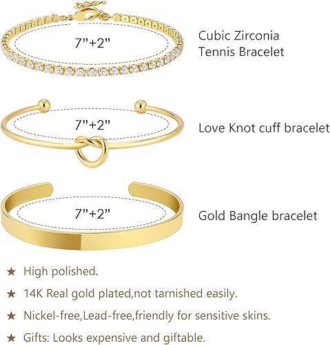 Miniatura 3 de Zalcon Gold Bangle Cuff Bracelets for Women 14k Gold Plated Cubic Zirconia Tennis Bracelet Non tarnish Love Knot Bracelets Stack Cuff Bangles