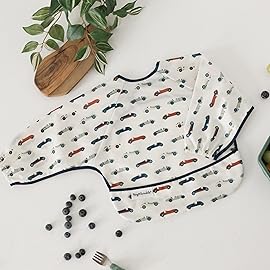 Tiny Twinkle Long Sleeve Bib for Babies & Toddlers | 2-Pack Waterproof Smock Bib for Eating | Machine Washable & Mess-Proof Feeding Essentials | Newborn Shower Gift (Cars,Flags,6-24M)