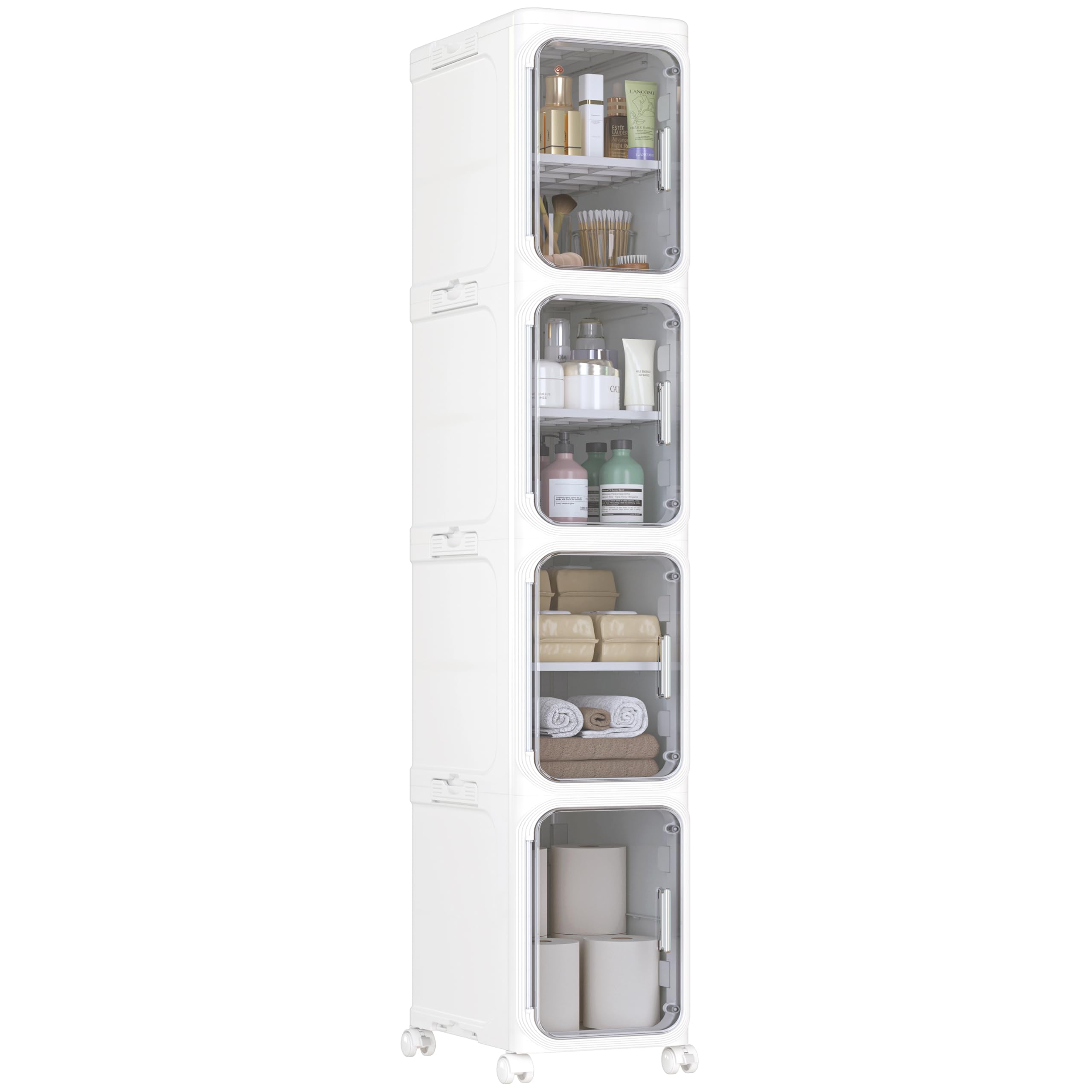 HOMIDEC Bathroom Storage, 4 Tier Narrow Bathroom Cabinet with Wheels and Removable Shelf, Slim Bathroom Storage Unit Free Standing for Toilet Roll, Towel, Shower, Clear Smoke