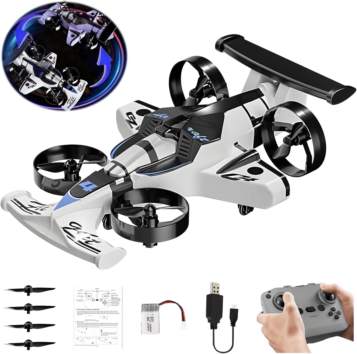 2-in-1 Flying Car & Stunt Drone - Mini Indoor Drone, 2 in 1 RC Quadcopter & Flying Car Toys, 2.4Ghz Remote Control 4WD Stunt 3 Speeds Adjustable, Birthday Xmas Gifts for Kids 8-12 (White)