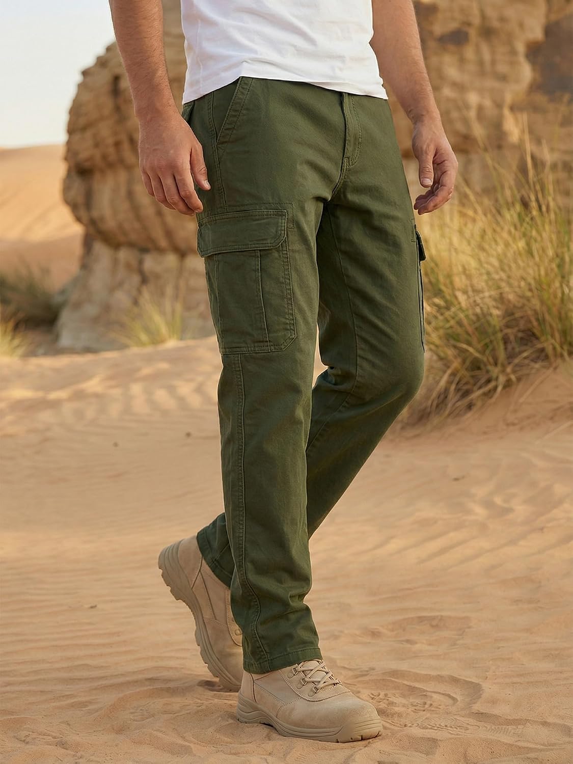 Runcati Men's Trousers Regular Fit Cargo Trousers Men Plain Casual Trousers Cotton Elastic Waist Jogging Bottoms Outdoor Sports Trousers with Pockets Army Green M