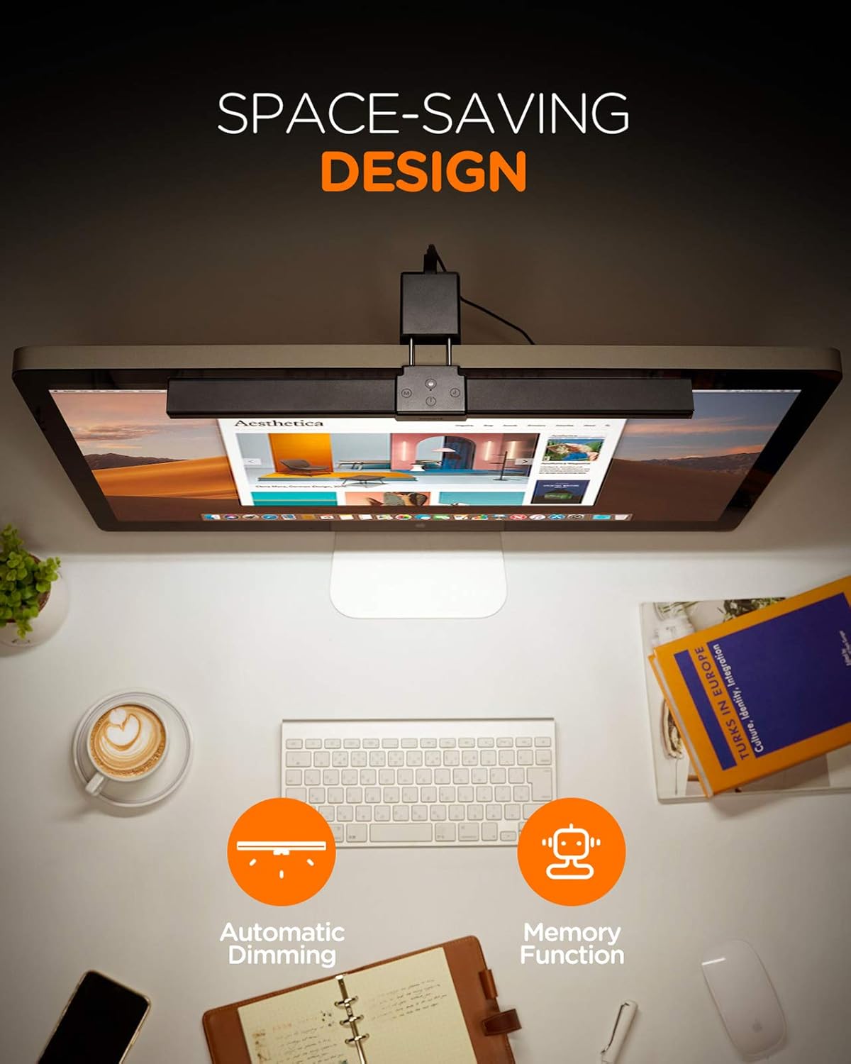 Tomons LP01002 Monitor Lamp space-saving design with auto-dimming and memory function icons