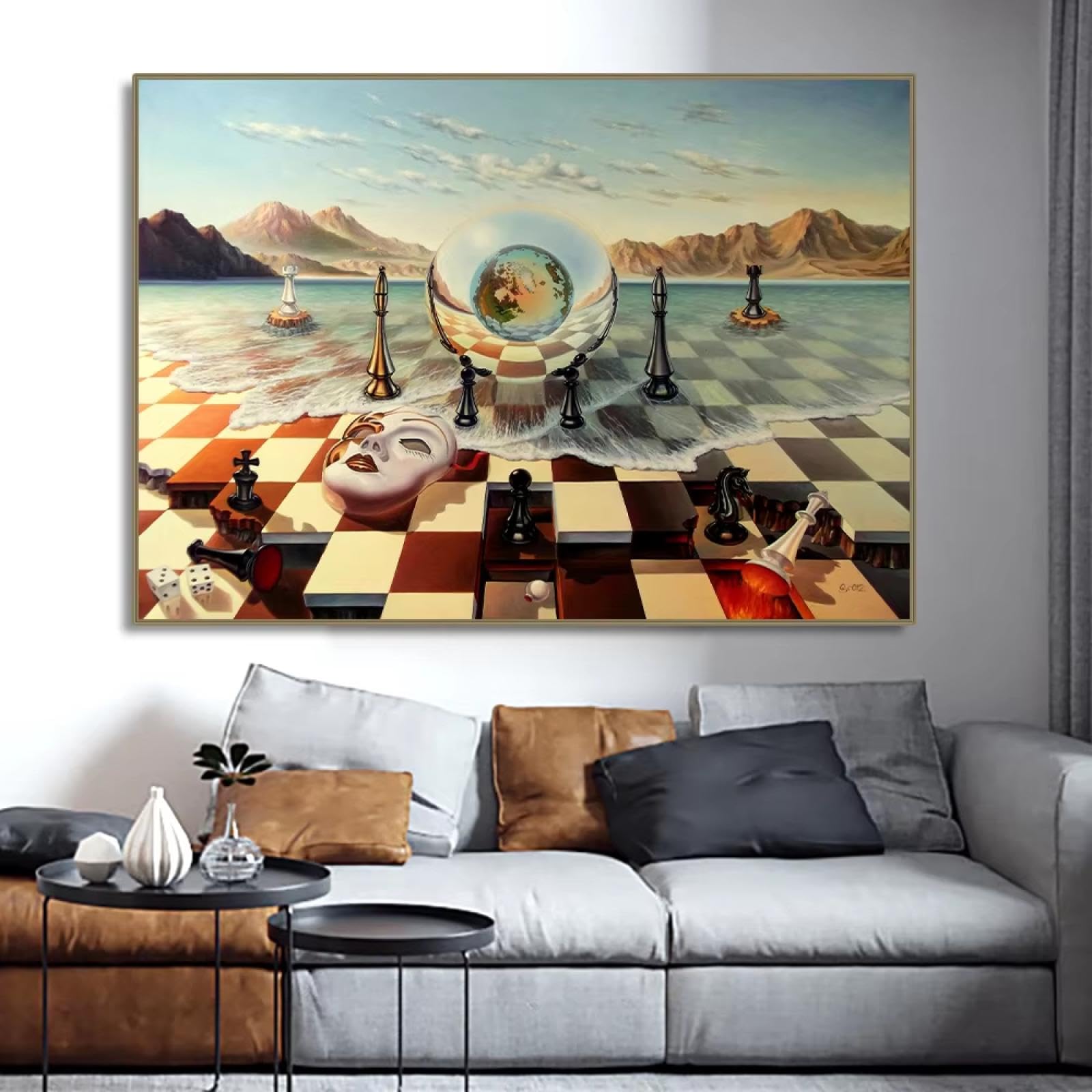 IHHGNB Salvador Dali Surrealism Chess Mask On Sea Canvas Paintings Wall Art Pictures Abstract Posters and Prints for Home Decor 60x80cm(24x31in) Frameless