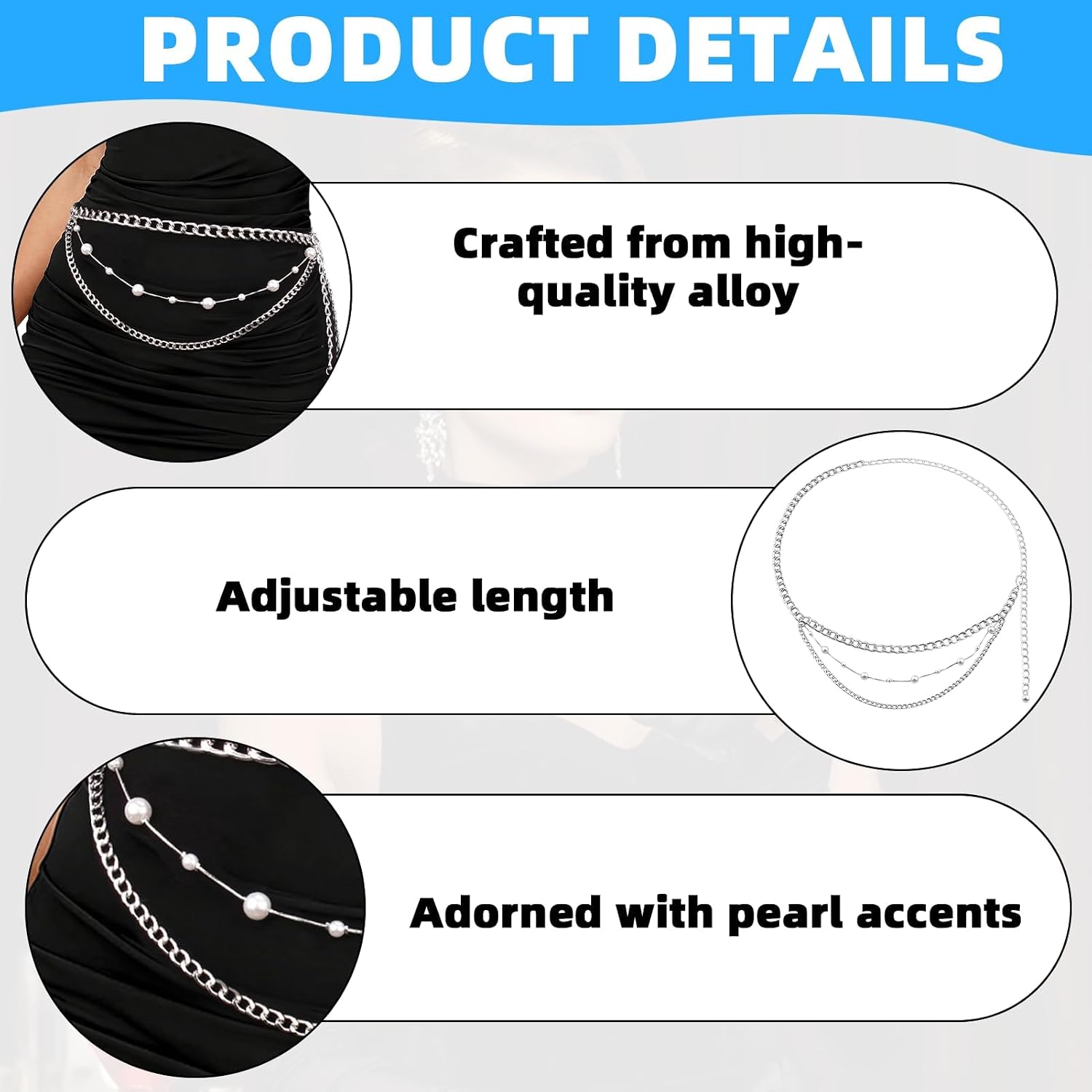1 Pcs Silver Chain Belt Pearl Waist Chain Belt Adjustable Multi-Layer AdjustableDainty Trendy Jewelry Accessory for Women Casual Party Evening Daily Wear