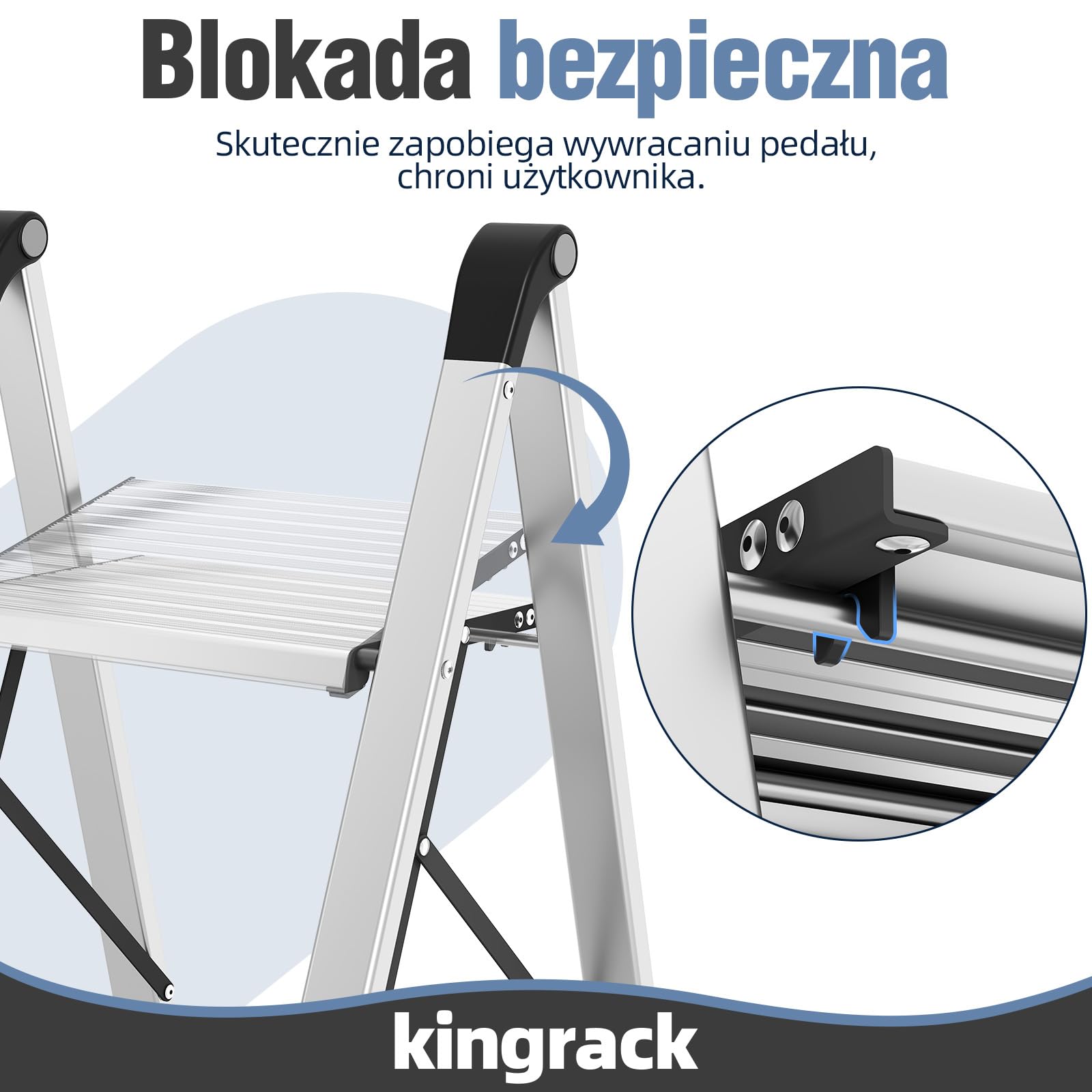 KINGRACK Aluminiowa drabina składana 3-stopniowa, antypoślizgowa poręcz, do 150 kg, srebrna