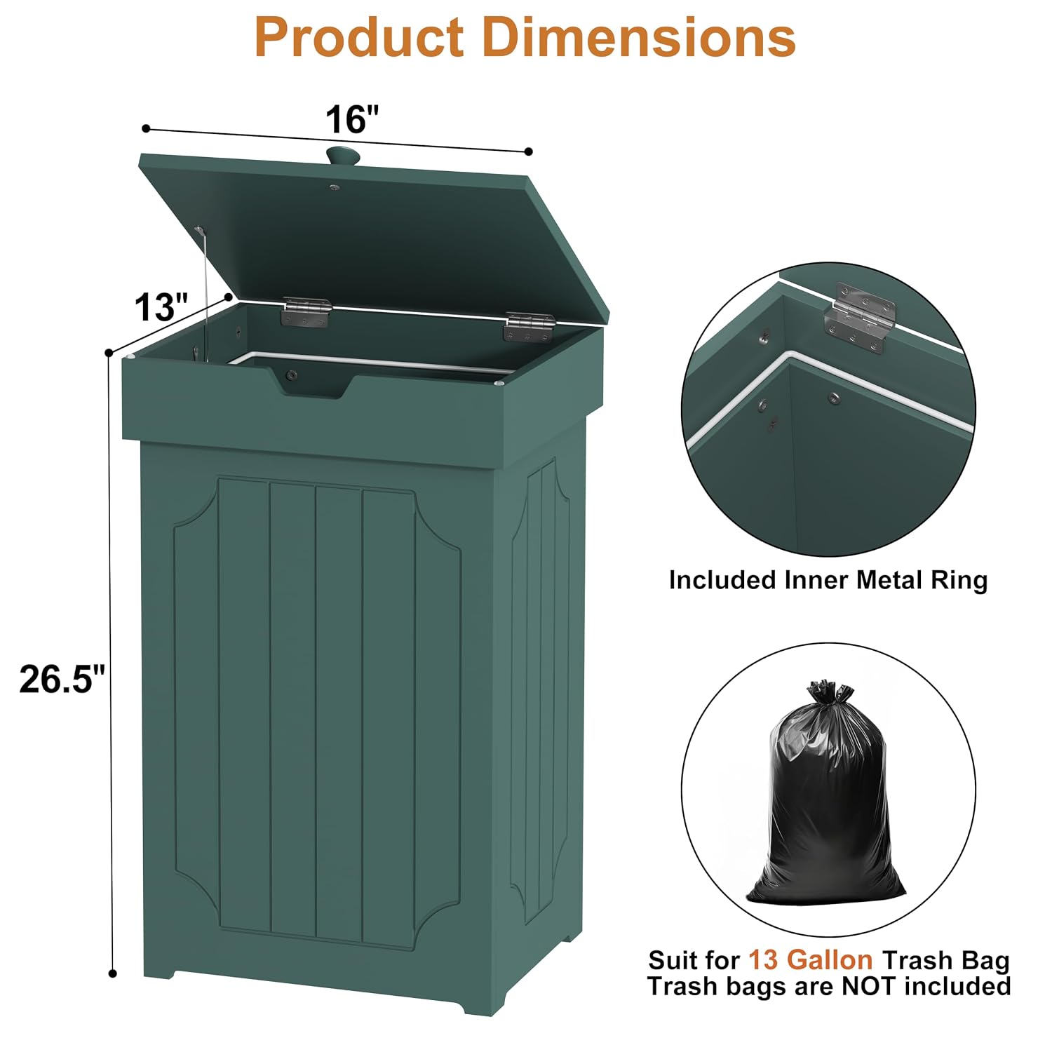 Function Home 13 Gallon Trash Can, Wood Kitchen Garbage Can, Dog Proof Waste Bin with Lid and Liner Ring for Kitchen Dining Living Room, Farmhouse Laundry Hamper Cabinet for Bathroom, Green
