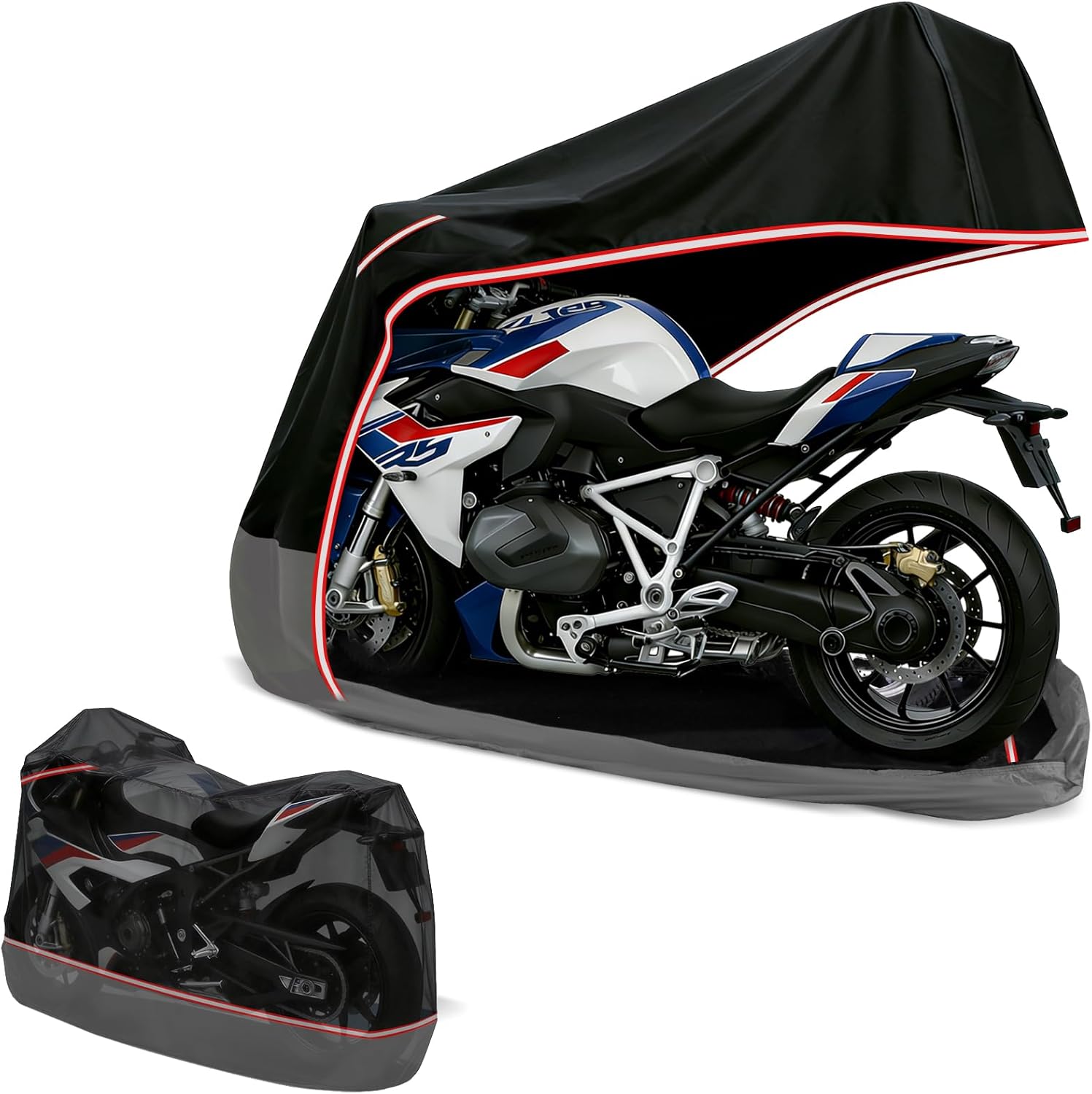 Full Enclosed Motorcycle Cover,Waterproof for Outdoor & Indoor Storage, 600D Heavy Duty with Reflective Strips, Fits Scooters & Touring Motorcycles up to Length 108" x 45" x 59" Black&Gray