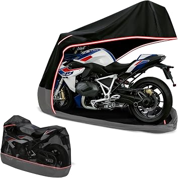 Full Enclosed Motorcycle Cover,Waterproof for Outdoor & Indoor Storage, 600D Heavy Duty with Reflective Strips, Fits Scooters & Touring Motorcycles up to Length 108" x 45" x 59" Black&Gray