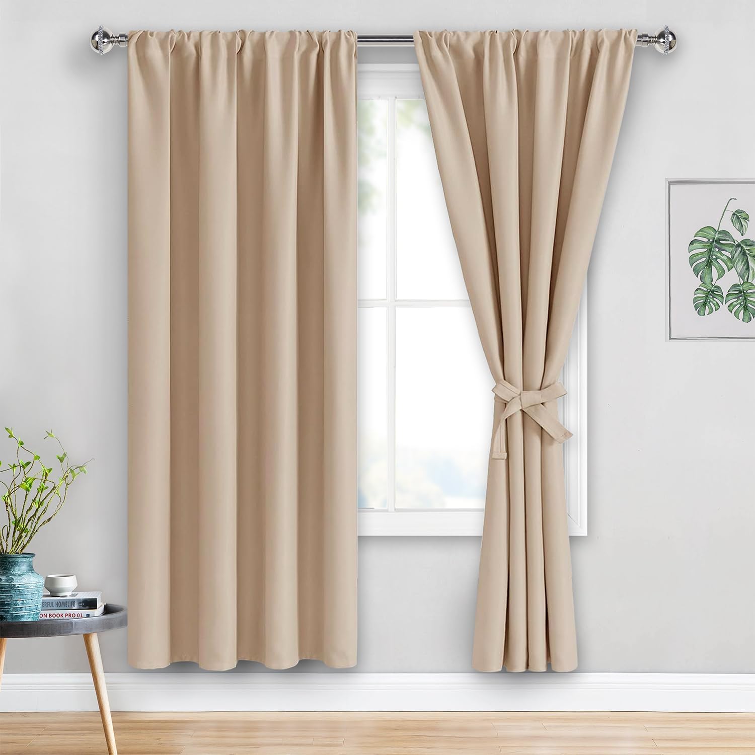 JIUZHEN Blackout Curtains for Bedroom Thermal Insulated,Noise Reducing Room Darkening Rod Pocket Curtains for Living Room, Set of 2 Panels with Tiebacks, 42 x 72 inch Long, Beige