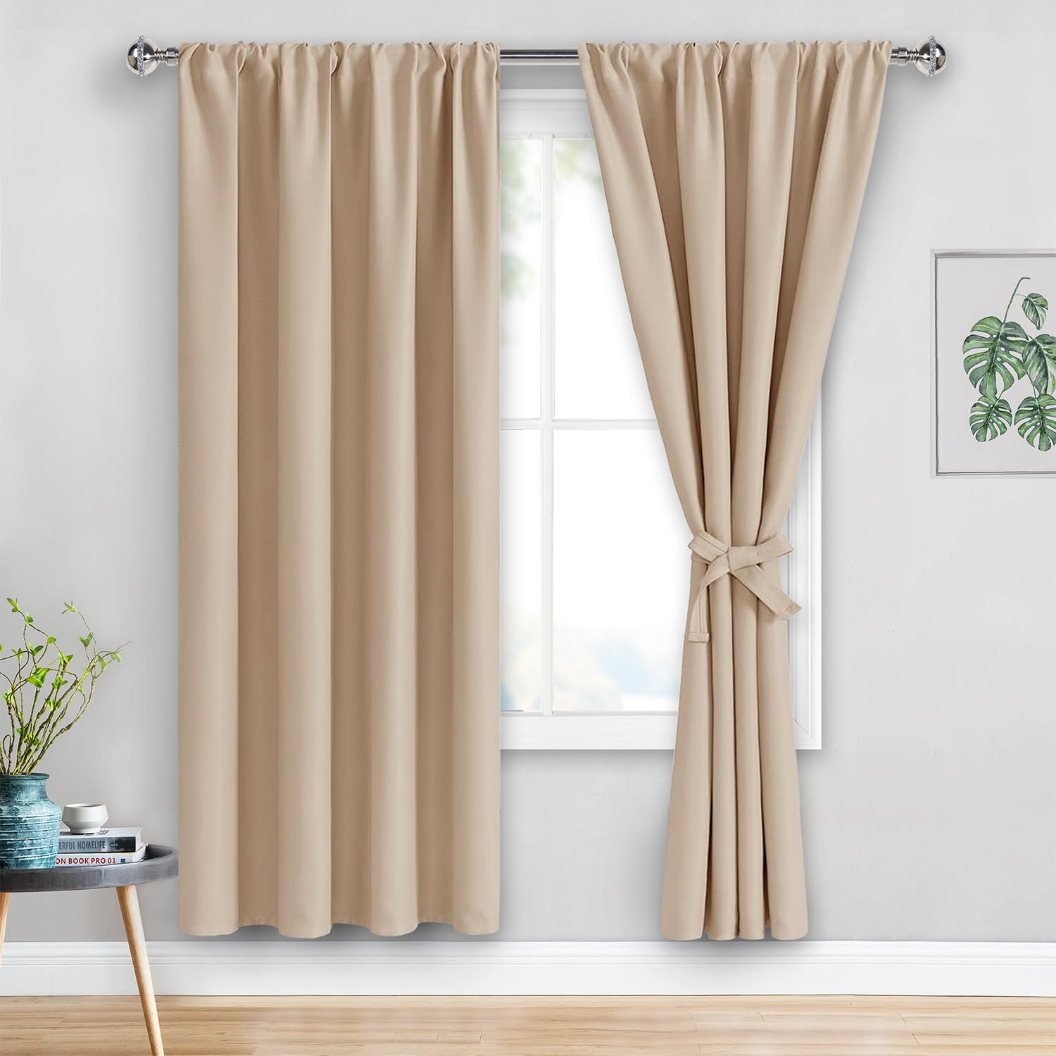JIUZHEN Blackout Curtains for Bedroom - Thermal Insulated Room Darkening Rod Pocket Curtains for Living Room, Set of 2 Panels with Tiebacks, 52 x 72