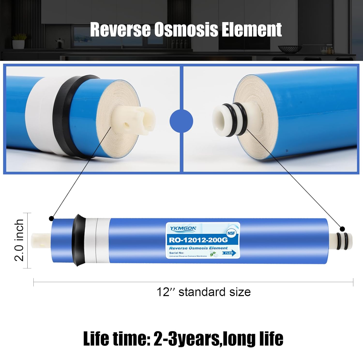 2012-200 GPD Universal Reverse Osmosis RO Membrane Element,12"x2" Replacement Water Filter,for Under Sink Home Drinking RO Water Purifier System - Image 2
