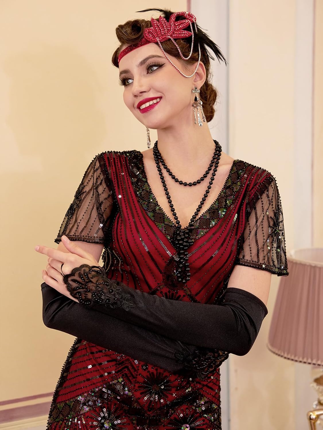 1920s Flapper Dresses for Women, Great Gatsby Dresses Roaring 20s, Sheer Beaded Sleeves Costume with 20s accessories - Image 5