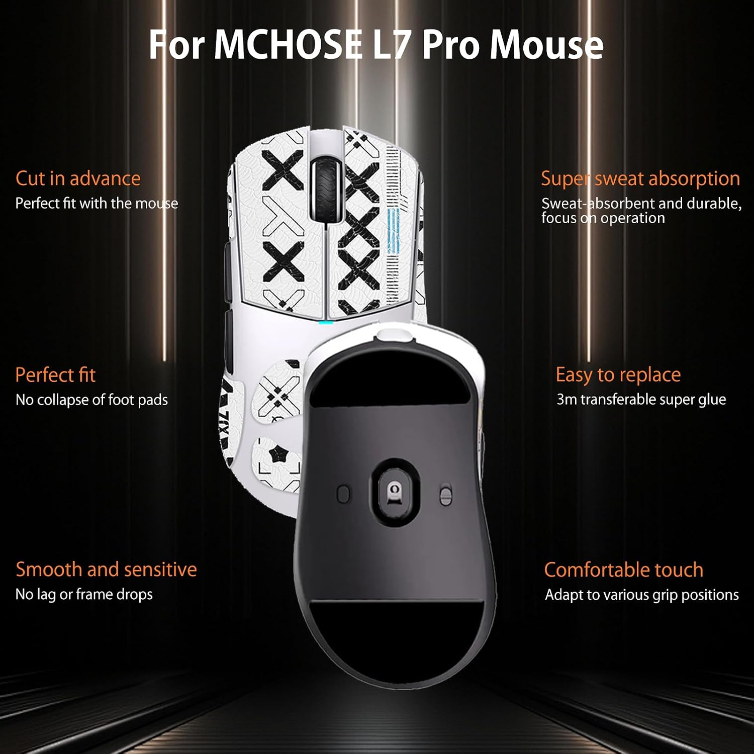 NOUKAJU Mouse Grip Tape Full Coverage for Lamzu Paro, Self-Adhesive Sweat-Resistant Professional Mice Upgrade Kit,Mouse Feet Skates(Foot pad + White Mouse Grip Tape) image 2