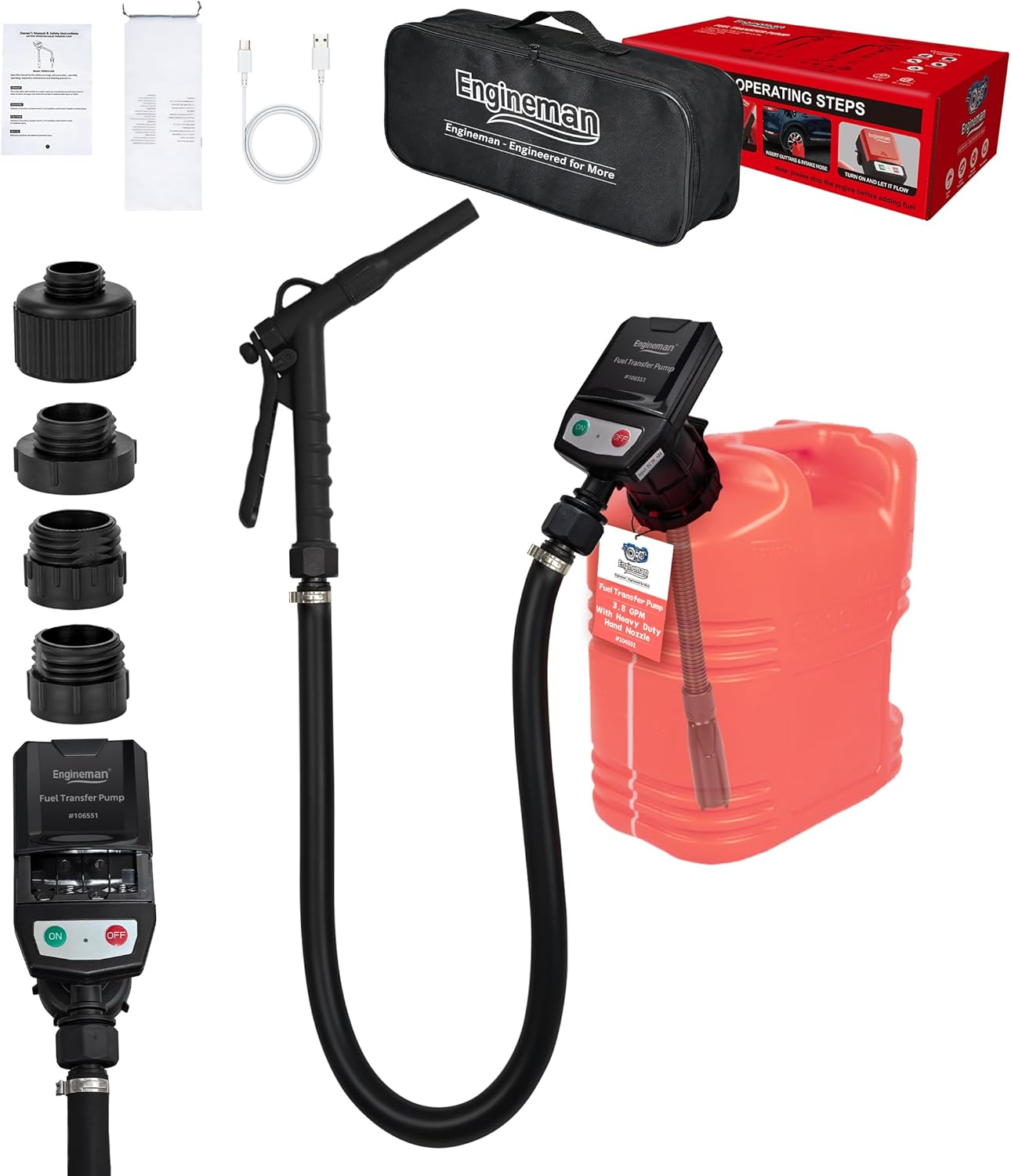 Electric Fuel Transfer Pump with Hand-Stop, USB Charging 3.8GPM 51" Hose 4 Size Adapters Gas Can Pump with for Gasoline, Diesel, Kerosene, Black 2nd Gen, Gifts for Men Dad