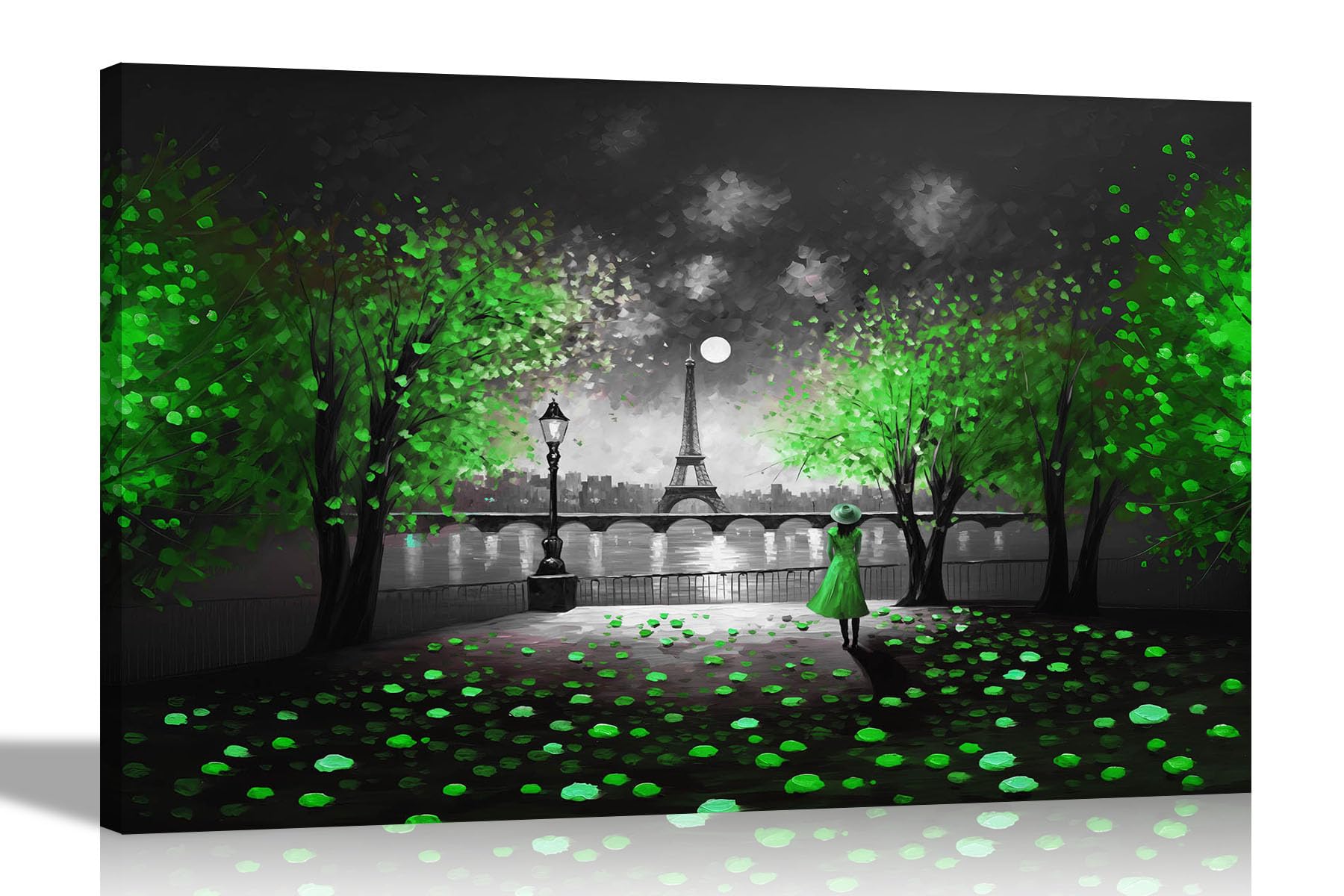 Artley Prints Green Black And White - Green Harmony Of Paris Abstract Black And White Canvas Prints For Bedroom, Living Room, Kitchen - Wall Art City Pictures 60 X 40Cm (24 X 16 Inches) A2