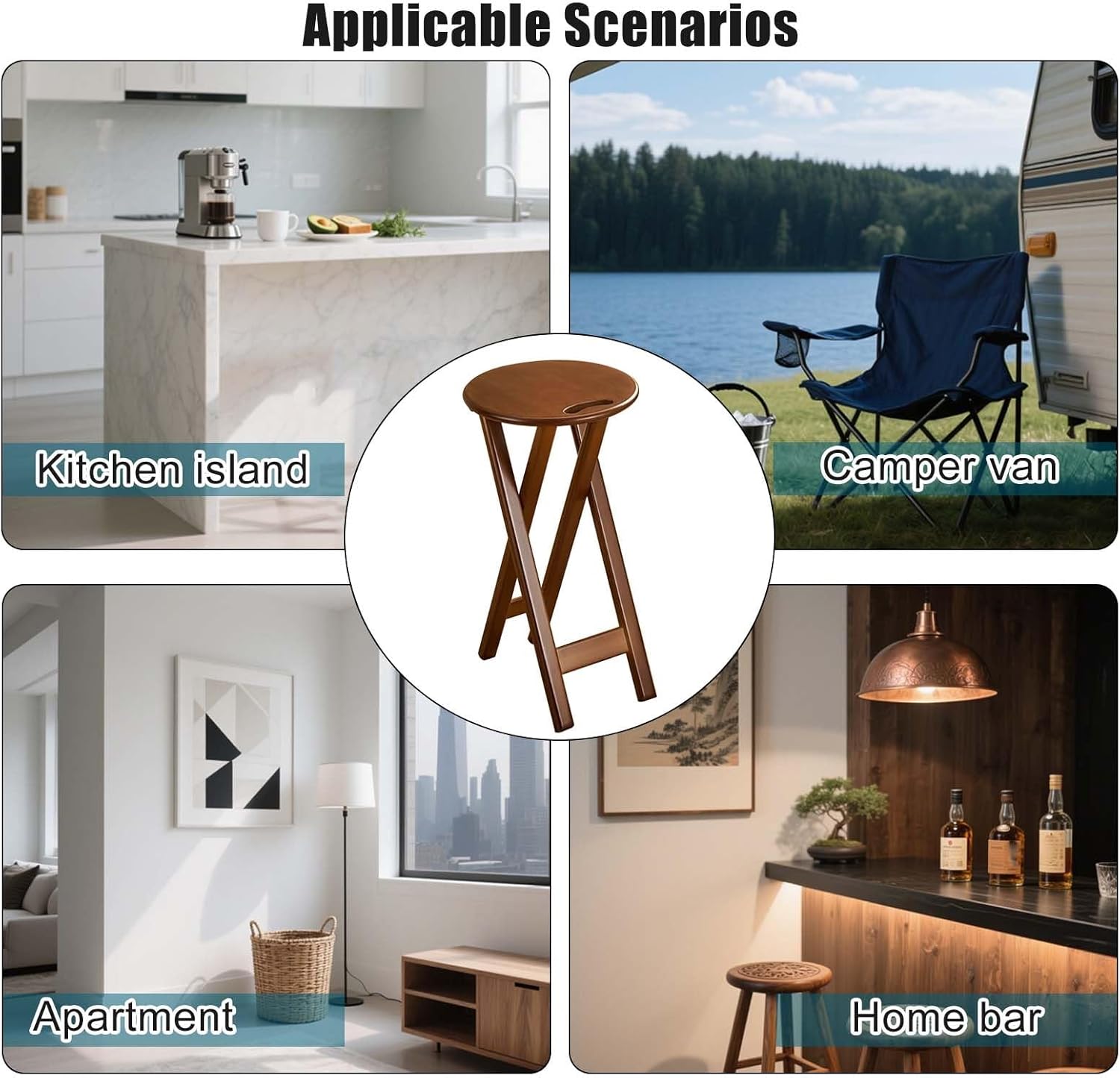 Backless Folding Bar Stool Bamboo,1 pcs Foldable Portable Counter Height Bar Stools Chair, High Collapsible Stool Seat for Adults, Kitchen Sitting Stool with Handle Lightweight