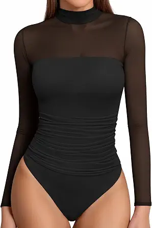 MANGOPOP Women's Mock Turtle Neck Bodysuit Mesh Sheer Long Sleeve Top