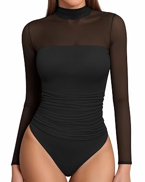 MANGOPOP Womens Mock Turtle Neck Bodysuit Mesh Long Sleeve Body Suit Sexy Ruched Sheer Going Out Fall Tops
