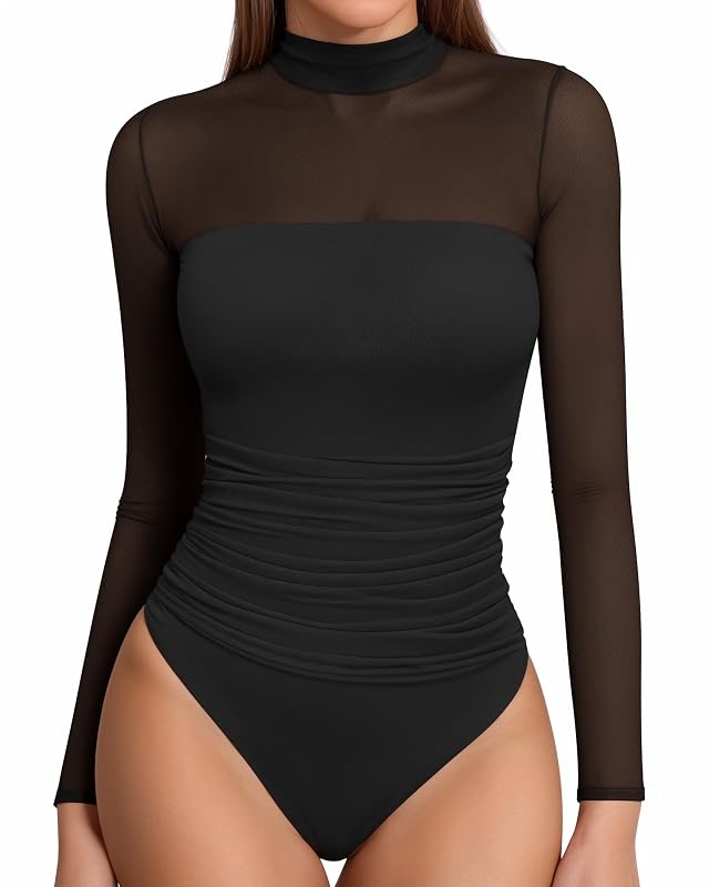 MANGOPOP Womens Mock Turtle Neck Bodysuit Mesh Long Sleeve Body Suit Sexy Ruched Sheer Going Out Fall Tops