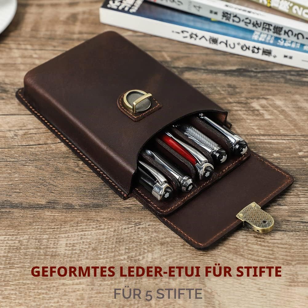 Hiram Federmäppchen aus Lederaus Leder für 5 Füllfederhalter Tragbar Echtes Leder Aufbewahrungsetui für Füllfederhalter mit Gesichertem Messingverschluss und Stiftablage-Design (Kaffee)