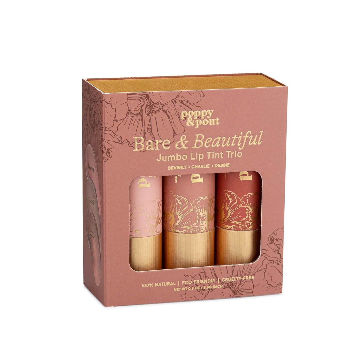 Poppy & Pout All Natural Lip Tints, Sustainable Cardboard Tubes, Hand-filled, Beeswax, Vitamin E, Coconut Oil, Cruelty Free (Bare & Beautiful Trio)