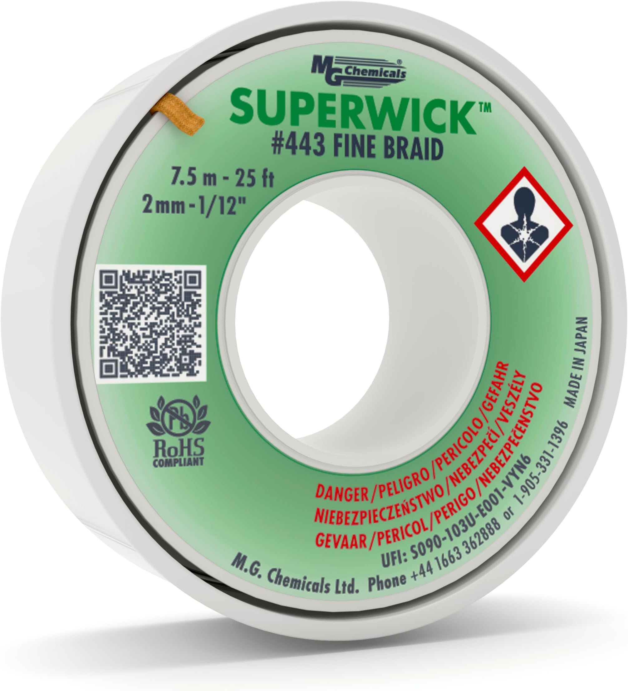 Desoldering Braid #3 Fine Braid Super Wick with RMA Flux, 25' Length x 0.075" Width, Green