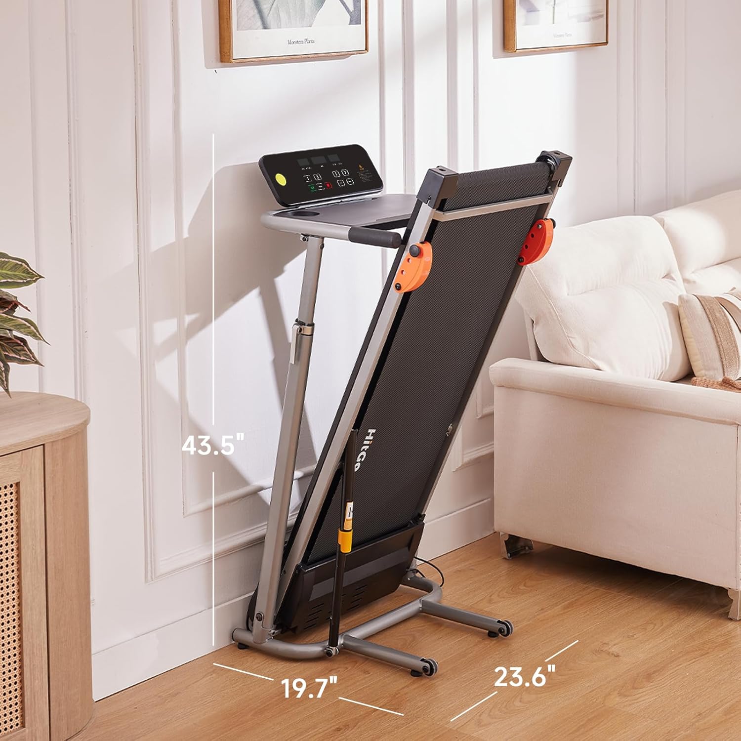 HitGo 2-in-1 Folding Treadmill with Height Adjustable Desk, 8.0 MPH Running Machine, Standalone Workstation Treadmill, Pneumatic Vertical Folding, FitShow/Kinomap, 265lbs Capacity,Black
