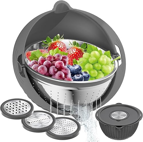 Miniatura 10 de Colador 4-1 con juego de cuencos, coladores y coladores de alimentos, cuenco para lavar frutas con colador, colador giratorio para cocina, accesorio