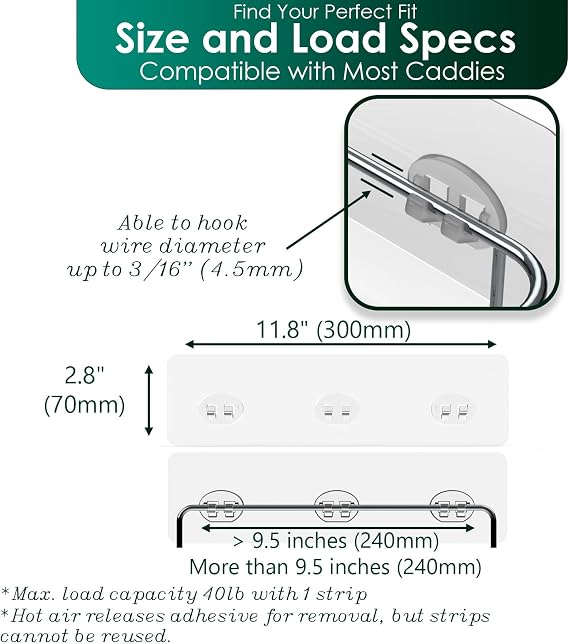 Shower Caddy Adhesive Replacement Stickers Sticker Shelf Basket Strips Suction Hooks Large Strong Hook (Transparent - 2 Packs - 260mm)