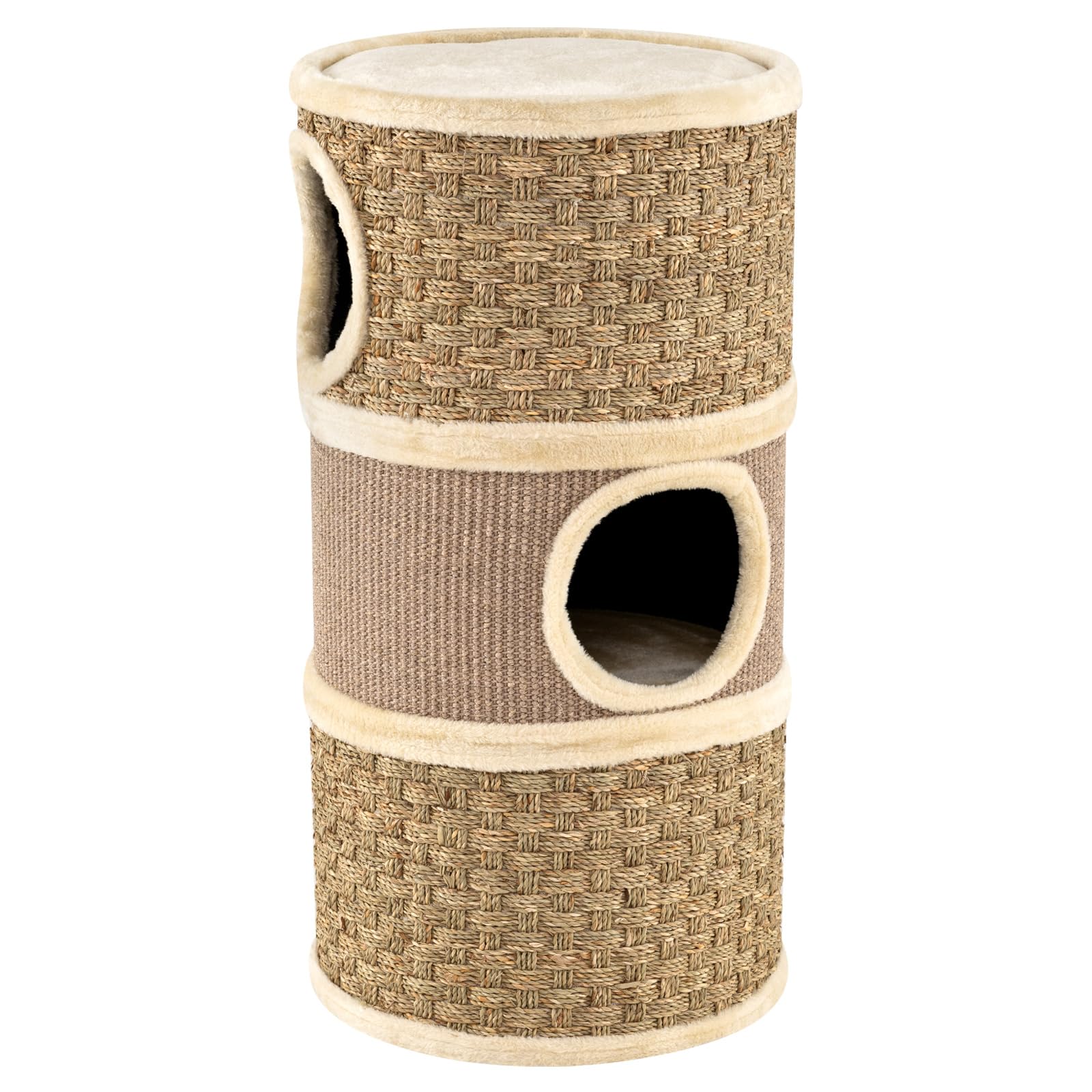 GYMAX Tonneau Griffoir avec 3 Grandes Entrées, Revêtu de Sisal et Cordes Tissées Résistants à Gratter, Perchoir Supérieur Doux à Se Reposer, Trous Internes, 36 x 36 x 70 cm