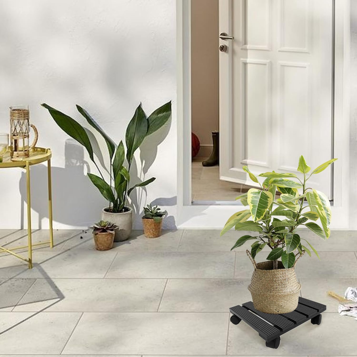 Rolling Plant Stand Plant Caddy with Wheels, 12x12 Inch Heavy Duty Wooden Rolling Stand with 360° Lockable Wheels for Outdoor Indoor Flower Pot