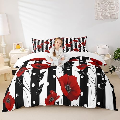 Miniatura 2 de Manfei Juego de funda de edredón de flores rojas, tamaño matrimonial, juego de ropa de cama floral de amapola de 3 piezas para niños, niñas,