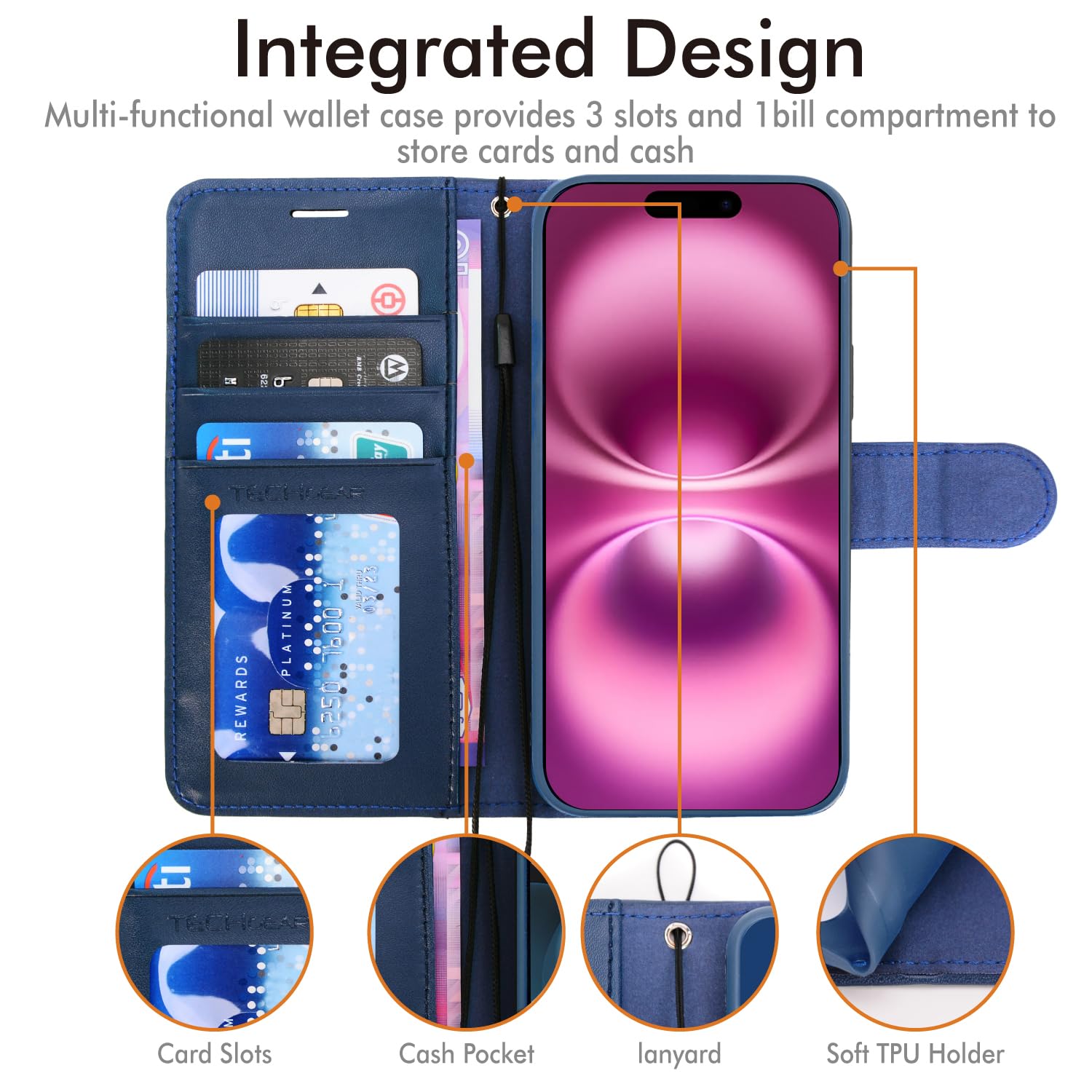 TECHGEAR Custodia a portafoglio in pelle per iPhone 16 Plus