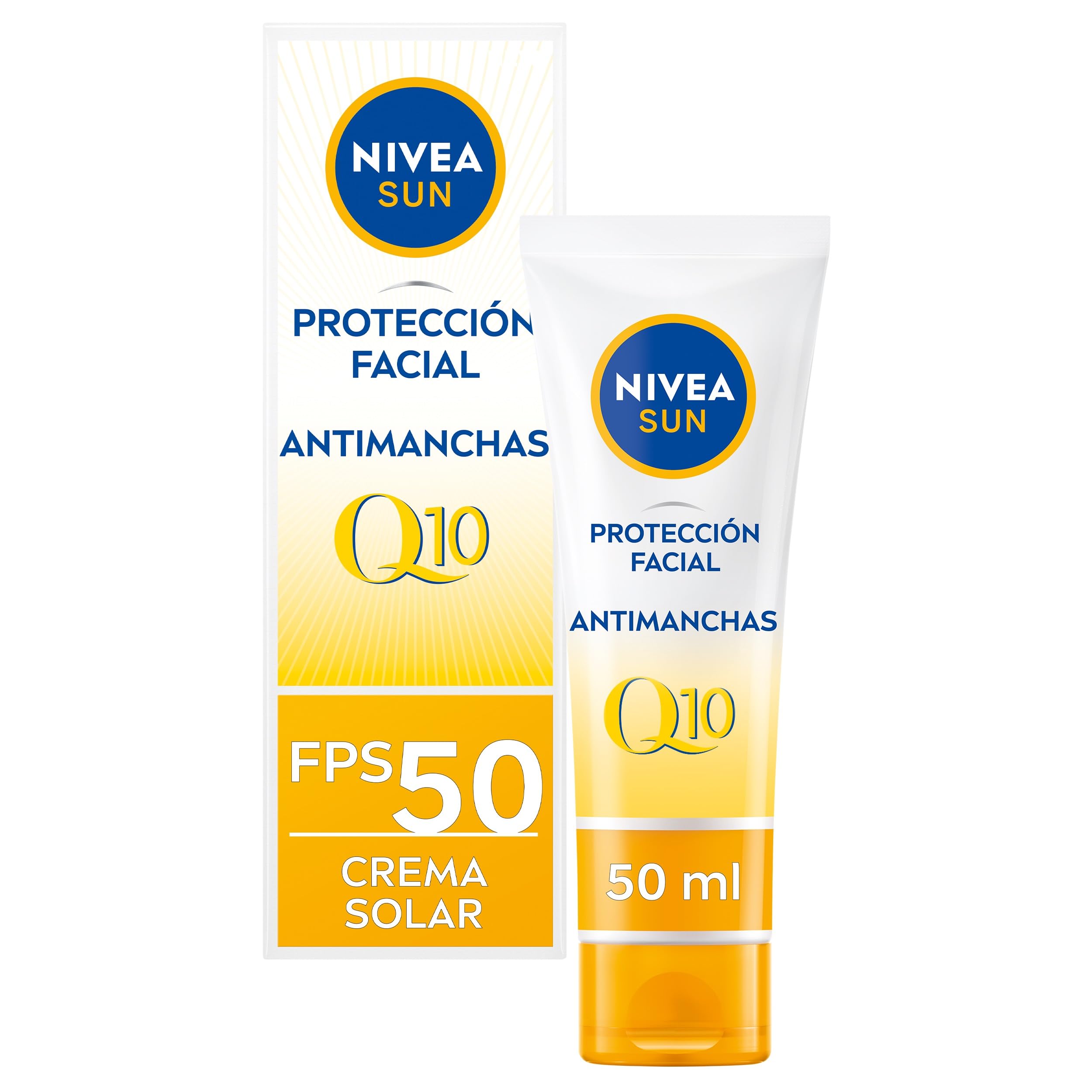 NIVEA SUN Protección solar Facial UV Antiedad & Antimanchas FP50 (50 ml), 0% residuos, crema hidratante con Q10