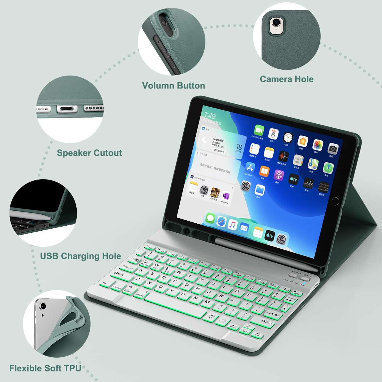 for iPad 9th 8th 7th Generation Case with Keyboard 10.2" - 7 Color Backlit Wireless Detachable Folio Keyboard Cover with Pencil Holder, Compatible with iPad Pro 10.5”/Air 3rd Gen (Dark Green)